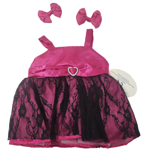 16" Satin Heart Dress - Pink with Black Lace Overlay and Matching Bows   Build Your Bears Wardrobe